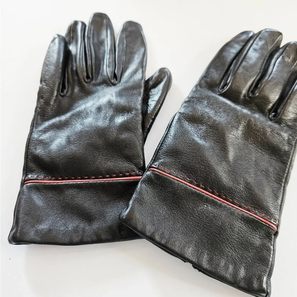 Vintage Isotoner Aris Soft Black Leather Red Detail Stitch Driving Gloves Size 8